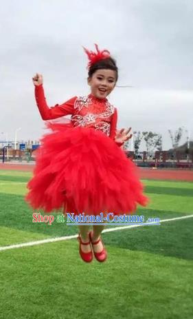 Top Grade Chinese Compere Performance Costume, Children Chorus Singing Group Red Crystal Full Dress Modern Dance Bubble Dress for Girls Kids