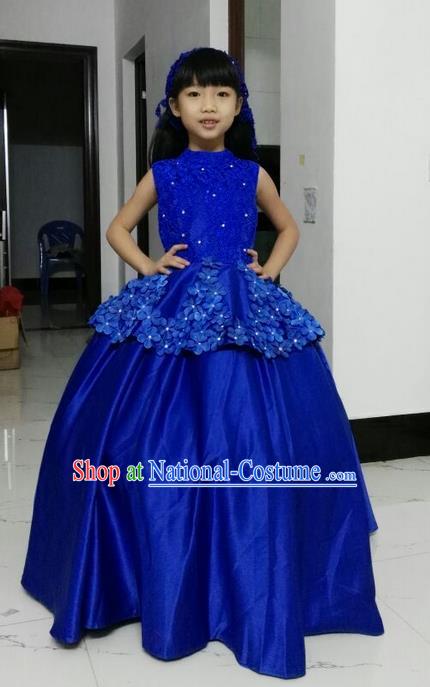 Top Grade Chinese Compere Performance Catwalks Costume, Children Chorus Singing Group Baby Princess Blue Full Dress Modern Dance Big Swing Long Dress for Girls Kids