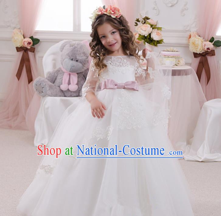 Top Grade Chinese Compere Performance Catwalks Costume, Children Chorus Singing Group Baby Princess White Bubble Full Dress Modern Dance Big Swing Long Dress for Girls Kids