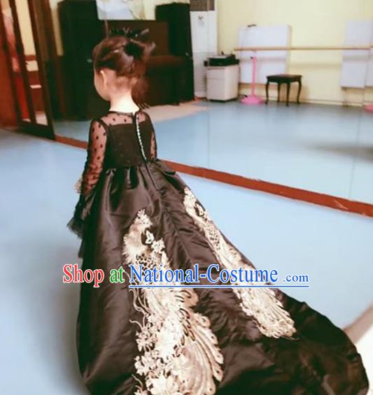 Top Grade Chinese Compere Performance Catwalks Costume, Children Chorus Singing Group Baby Princess Black Phoenix Full Dress Modern Dance Trailing Dress for Girls Kids