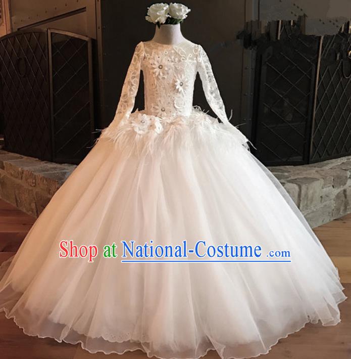 Top Grade Professional Compere Performance Catwalks Costume, Children Chorus Singing Group White Lace Full Dress Modern Dance Big Swing Bubble Dress for Girls Kids