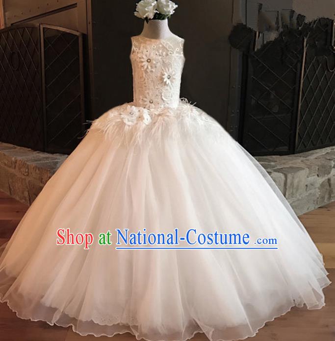 Top Grade Professional Compere Performance Catwalks Costume, Children Chorus Singing Group White Lace Sleeveless Full Dress Modern Dance Big Swing Bubble Dress for Girls Kids