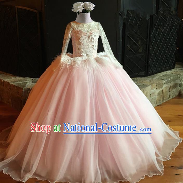 Top Grade Professional Compere Performance Catwalks Costume, Children Chorus Singing Group Pink Lace Full Dress Modern Dance Big Swing Bubble Dress for Girls Kids