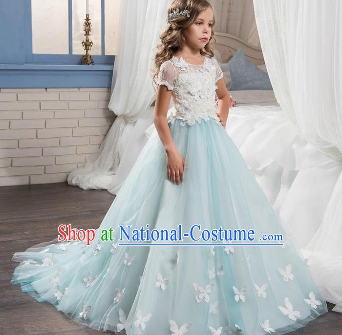 Top Grade Professional Compere Performance Catwalks Costume, Children Chorus Singing Group Baby Princess Lace Butterfly Wedding Full Dress Modern Dance Trailing Long Dress for Girls Kids