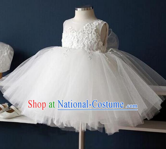 Top Grade Professional Compere Performance Catwalks Costume, Children Chorus Singing Group Baby Princess Lace Bowknot Full Dress Modern Dance Short White Bubble Dress for Girls Kids