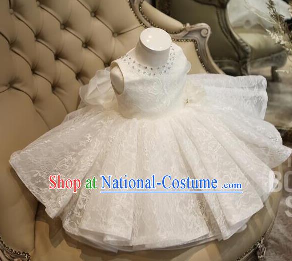 Top Grade Professional Compere Performance Catwalks Costume, Children Chorus Singing Group Baby Princess Full Dress Modern Dance Short White Bubble Dress for Girls Kids