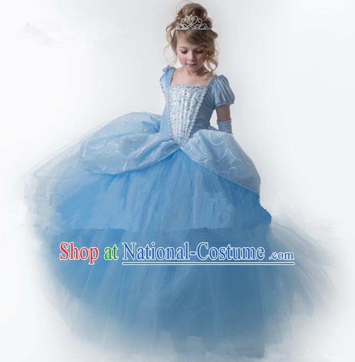 Top Grade Chinese Compere Performance Catwalks Costume, Children Chorus Singing Group Baby Princess Blue Big Swing Full Dress Modern Dance Trailing Bubble Dress for Girls Kids