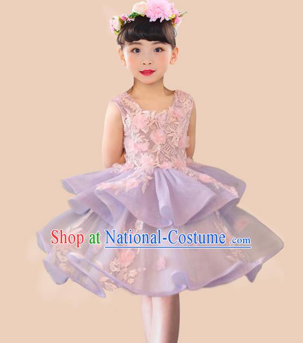 Top Grade Professional Compere Performance Catwalks Costume, Children Chorus Singing Group Flowers Purple Full Dress Modern Dance Bubble Dress for Girls Kids