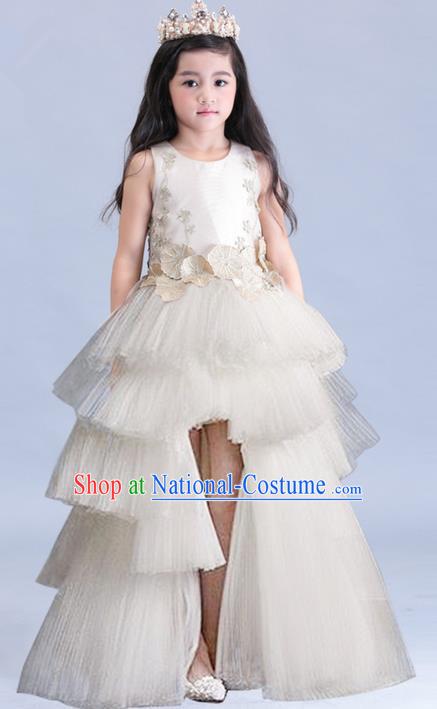 Top Grade Professional Compere Performance Catwalks Costume, Children Chorus Singing Group Baby Princess Piano Recital Champagne Full Dress Modern Dance Trailing Long Dress for Girls Kids