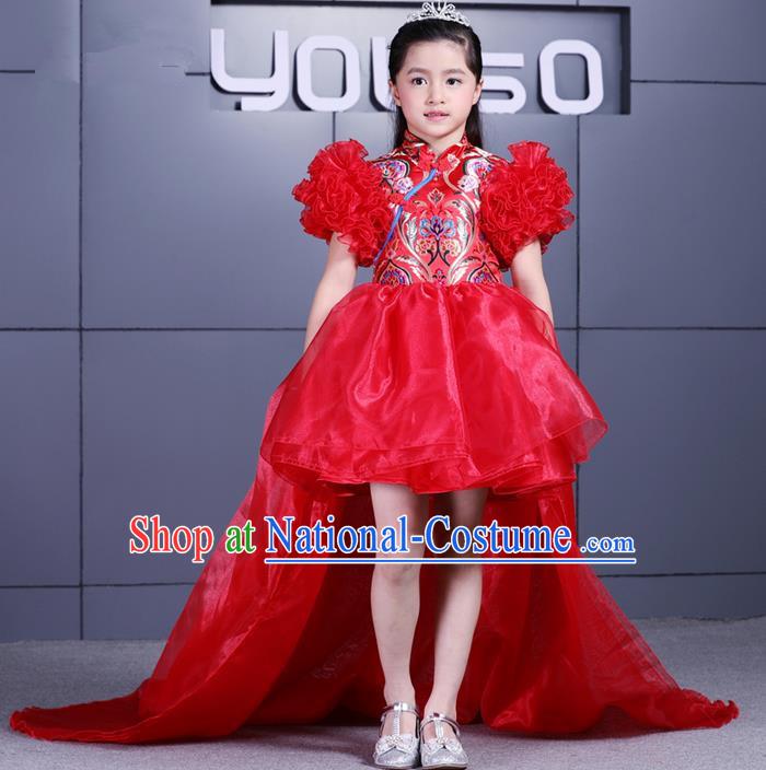 Top Grade Professional Compere Performance China Style Catwalks Costume, Children Chorus Singing Group Dragon Robes Red Full Dress Modern Dance Trailing Dress for Girls Kids