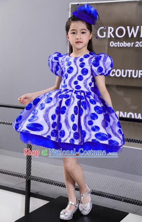 Top Grade Professional Compere Performance Catwalks Costume, Children Chorus Singing Group Blue Full Dress Modern Dance Short Bubble Dress for Girls Kids