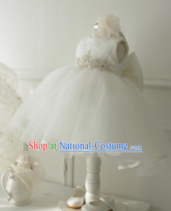 Top Grade Professional Compere Performance Catwalks Costume, Children Chorus Singing Group Little Princess White Veil Full Dress Modern Dance Short Bubble Dress for Girls Kids