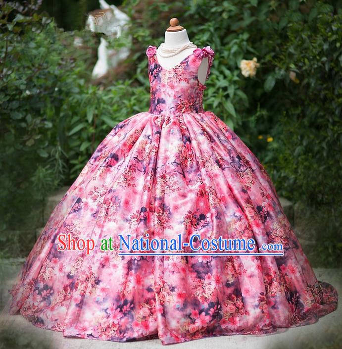 Top Grade Professional Compere Performance Catwalks Costume, Children Chorus Singing Group Little Princess Flowers Long Full Dress Modern Dance Big Swing Dress for Girls Kids