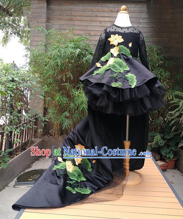 Top Grade Professional Compere Performance Catwalks Costume, Children Chorus Singing Group Black Embroidery Lotus Full Dress Modern Dance Trailing Dress for Girls Kids