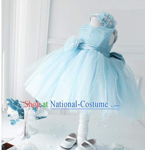 Top Grade Professional Compere Performance Catwalks Costume, Children Chorus Singing Group Little Princess Blue Wedding Veil Full Dress Modern Dance Bubble Dress for Girls Kids