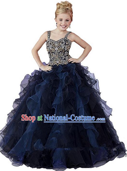 Top Grade Chinese Compere Performance Catwalks Costume, Children Chorus Singing Group Baby Princess Black Full Dress Modern Dance Bubble Long Dress for Girls Kids