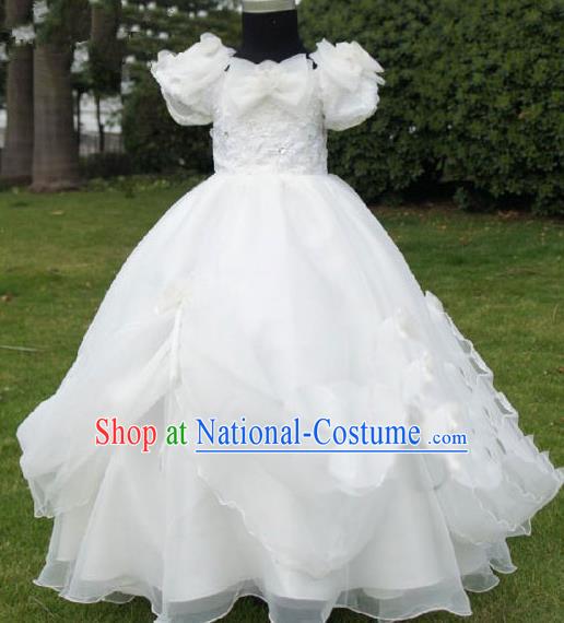 Top Grade Professional Compere Performance Catwalks Piano Recital Costume, Children Chorus Singing Group Little Princess White Veil Full Dress Modern Dance Trailing Dress for Girls Kids