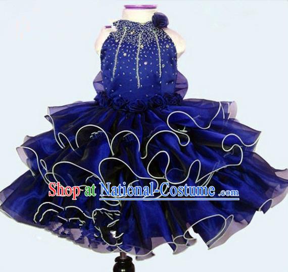 Top Grade Professional Compere Performance Catwalks Costume, Children Chorus Singing Group Little Princess Crystal Full Dress Modern Dance Blue Bubble Dress for Girls Kids