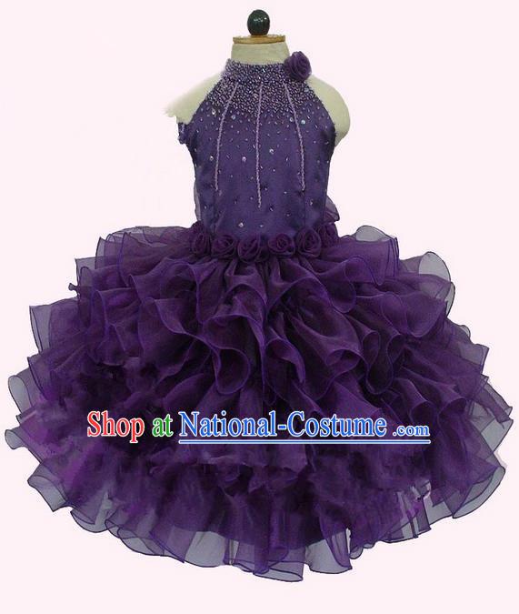 Top Grade Professional Compere Performance Catwalks Costume, Children Chorus Singing Group Little Princess Crystal Full Dress Modern Dance Deep Purple Bubble Dress for Girls Kids