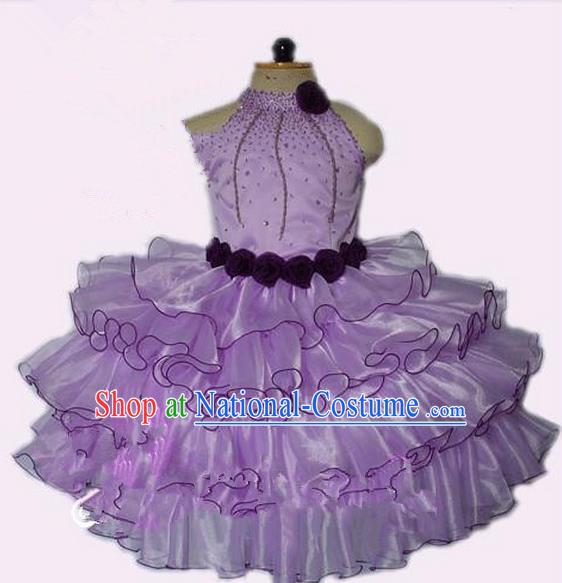 Top Grade Professional Compere Performance Catwalks Costume, Children Chorus Singing Group Little Princess Crystal Full Dress Modern Dance Light Purple Bubble Dress for Girls Kids