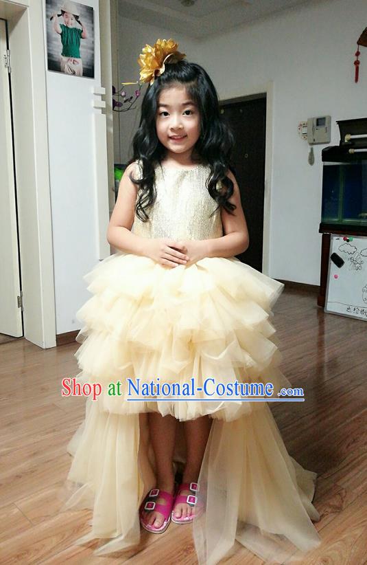 Top Grade Professional Compere Performance Catwalks Costume, Children Chorus Singing Group Little Princess Wedding Full Dress Modern Dance White Long Trailing Bubble Dress for Girls Kids