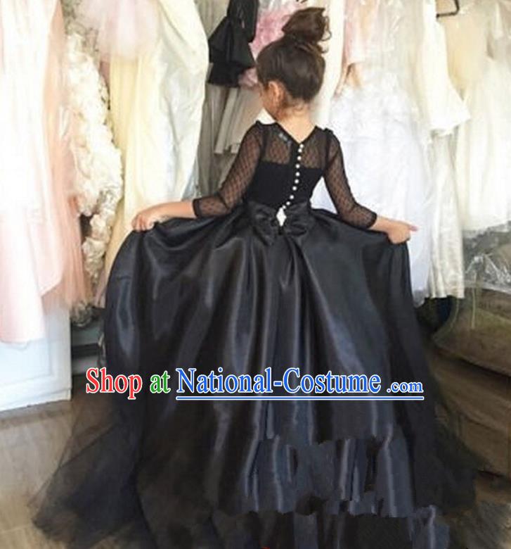 Top Grade Professional Compere Performance Catwalks Costume, Children Chorus Singing Group Little Princess Halloween Lace Full Dress Modern Dance Black Long Trailing Dress for Girls Kids