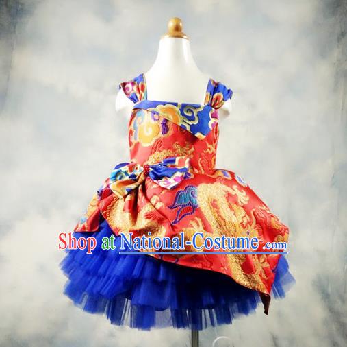 Top Grade Professional Compere Performance China Style Catwalks Costume, Children Chorus Singing Group Dragon Full Dress Modern Dance Bubble Dress for Girls Kids