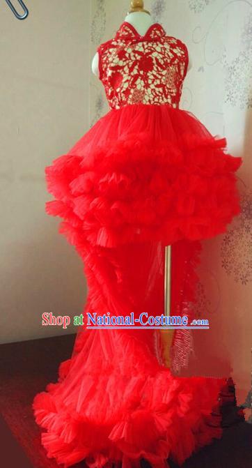 Top Grade Professional Compere Performance China Style Catwalks Costume, Children Chorus Singing Group Dragon Robes Red Full Dress Modern Dance Trailing Lace Cheongsam Dress for Girls Kids