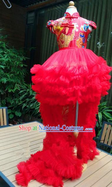 Top Grade Professional Compere Performance China Style Catwalks Costume, Children Chorus Singing Group Dragon Robes Red Full Dress Modern Dance Trailing Dress for Girls Kids