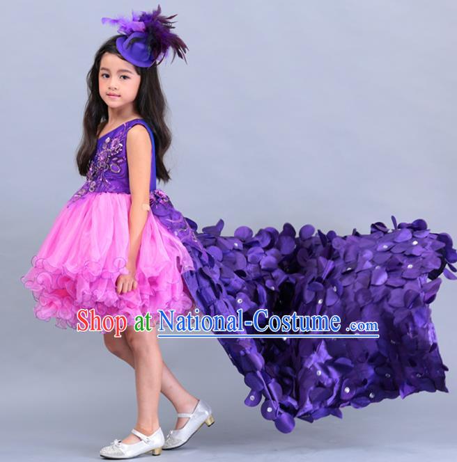 Top Grade Professional Compere Performance Catwalks Costume, Children Chorus Singing Group Baby Princess Purple Layered Dress Full Dress Modern Dance Trailing Bubble Dress for Girls Kids