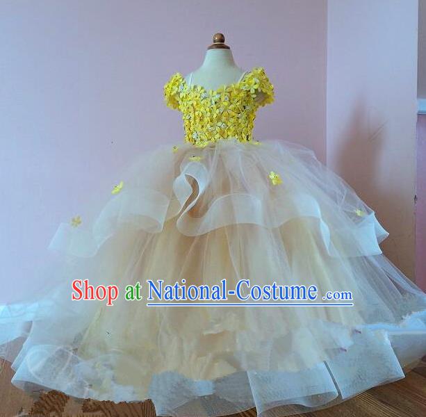 Top Grade Professional Compere Performance Catwalks Costume, Children Chorus Singing Group Baby Princess Flowers Yellow Full Dress Modern Dance Trailing Bubble Dress for Girls Kids