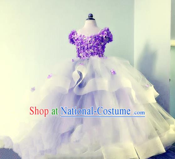 Top Grade Professional Compere Performance Catwalks Costume, Children Chorus Singing Group Baby Princess Flowers Purple Full Dress Modern Dance Trailing Bubble Dress for Girls Kids