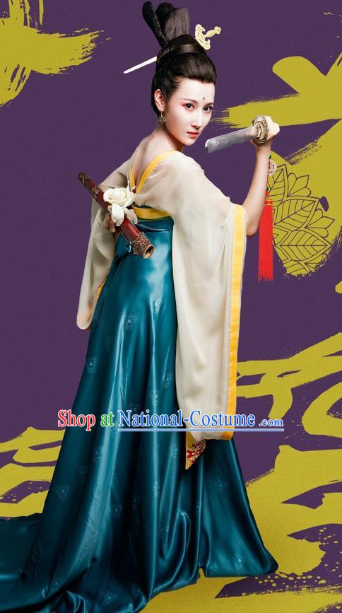 Traditional Ancient Chinese Elegant Swordswoman Costume and Handmade Headpiece Complete Set, Chinese Television Drama Concubine Meng Comes Across Palace Lady Dress Chinese Tang Dynasty Princess Clothing for Women