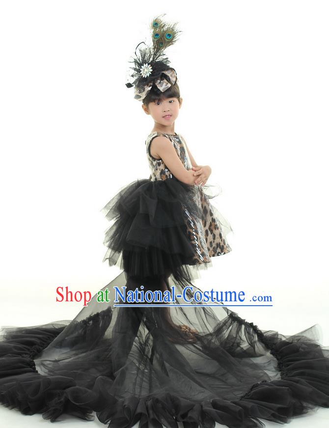 Top Grade Chinese Compere Professional Performance Costume, Children Chorus Singing Group Full Dress Modern Dance Black Leopard Trailing Dress for Girls Kids