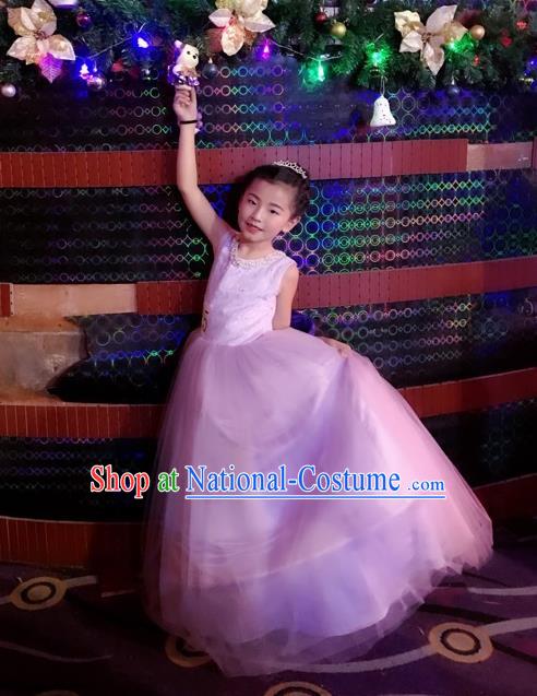 Top Grade Chinese Compere Professional Performance Catwalks Costume, Children Chorus Singing Group Bowknot Bubble Full Dress Modern Dance Purple Long Dress for Girls Kids