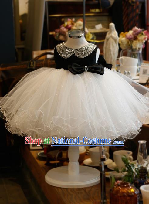 Top Grade Chinese Compere Professional Performance Catwalks Costume, Children Chorus Singing Group Bubble Veil Full Dress Modern Dance White and Black Dress for Girls Kids