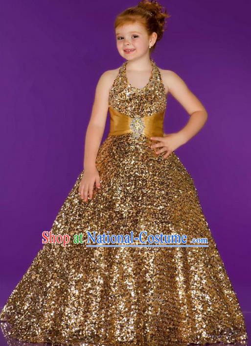 Top Grade Chinese Compere Professional Performance Catwalks Costume, Children Chorus Singing Group Gold Paillette Bubble Full Dress Modern Dance Little Princess Long Trailing Dress for Girls Kids