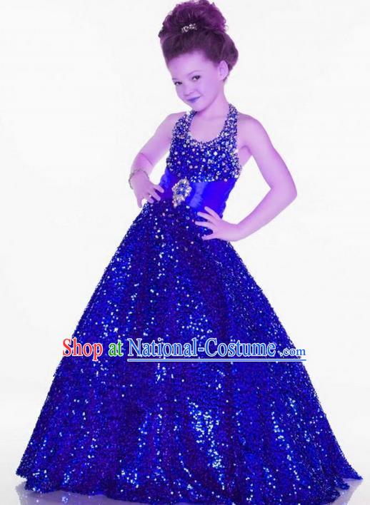 Top Grade Chinese Compere Professional Performance Catwalks Costume, Children Chorus Singing Group Blue Paillette Bubble Full Dress Modern Dance Little Princess Long Trailing Dress for Girls Kids