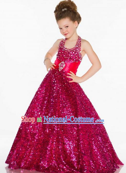 Top Grade Chinese Compere Professional Performance Catwalks Costume, Children Chorus Singing Group Rose Paillette Bubble Full Dress Modern Dance Little Princess Long Trailing Dress for Girls Kids