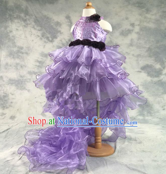 Top Grade Chinese Compere Professional Performance Catwalks Costume, Children Chorus Singing Group Purple Bubble Wedding Full Dress Modern Dance Little Princess Long Trailing Dress for Girls Kids