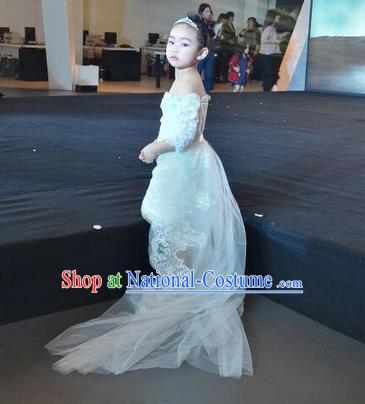 Top Grade Chinese Compere Professional Performance Catwalks Costume, Children Chorus Singing Group White Wedding Full Dress Modern Dance Little Princess Long Trailing Dress for Girls Kids