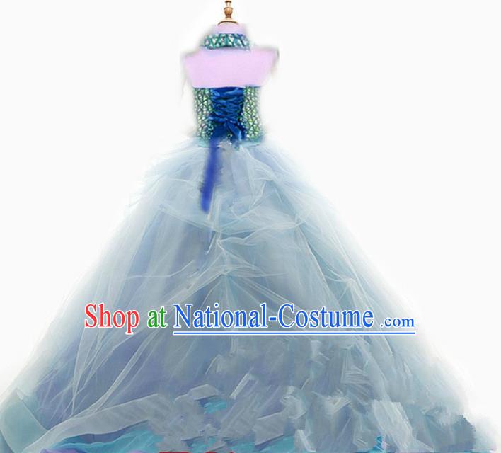 Top Grade Chinese Compere Professional Performance Catwalks Costume, Children Chorus Singing Group Flowers Big Swing Formal Dress Modern Dance Little Princess Long Trailing Dress for Girls Kids