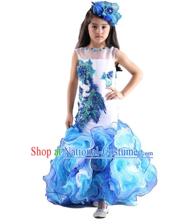 Top Grade Chinese Compere Professional Performance Catwalks Costume, Children Chorus Blue Fishtail Formal Dress Modern Dance Little Princess Long Dress for Girls Kids