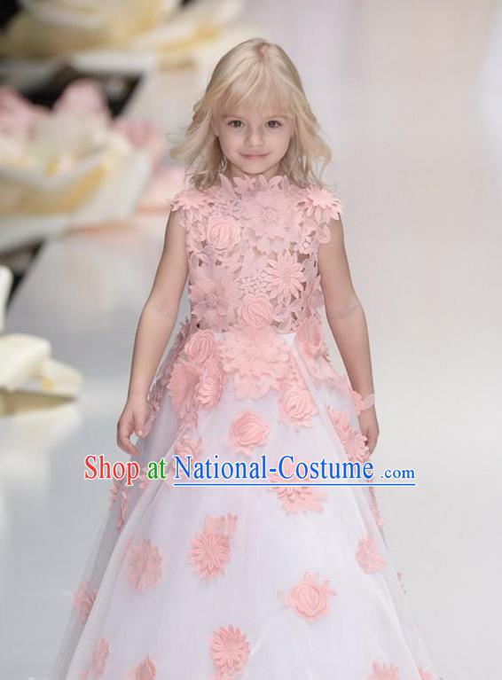 Top Grade Chinese Compere Professional Performance Catwalks Costume, Children Chorus Flowers Bubble Formal Dress Modern Dance Little Princess Long Lace Dress for Girls Kids