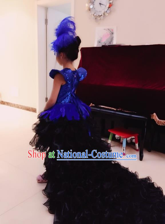 Top Grade Chinese Compere Professional Performance Catwalks Costume, Children Chorus Peacock Feather Formal Dress Modern Dance Little Princess Long Trailing Dress for Girls Kids