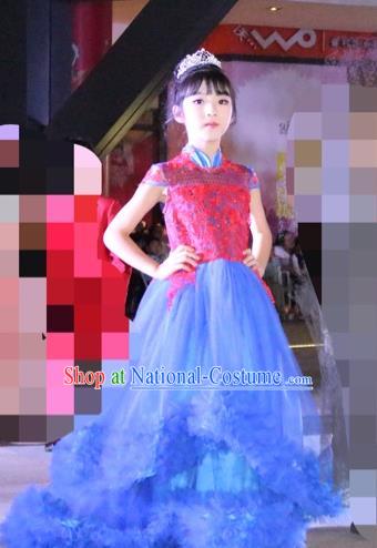 Top Grade Chinese Compere Professional Performance Chinese Style Catwalks Costume, Children Chorus Stand Collar Paillette Bubble Formal Dress Modern Dance Baby Princess Veil Long Trailing Dress for Girls Kids