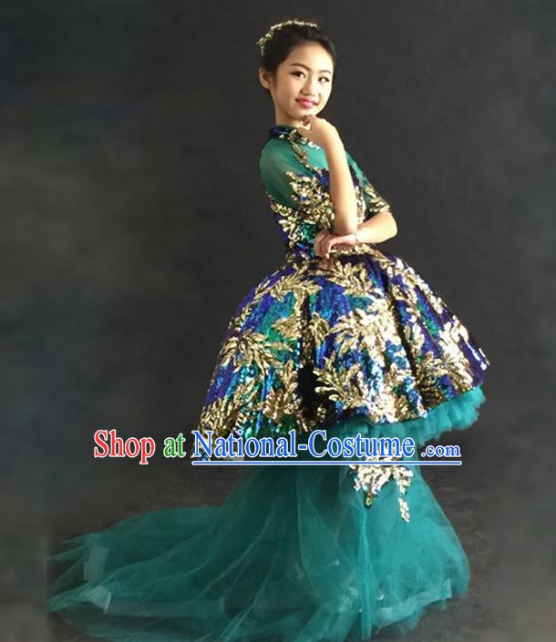 Top Grade Chinese Compere Professional Performance Catwalks Costume, Children Chorus Green Bubble Formal Dress Modern Dance Baby Princess Veil Long Trailing Dress for Girls Kids