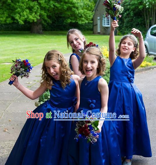 Top Grade Chinese Compere Professional Performance Catwalks Costume, Children Chorus Blue Bubble Wedding Formal Dress Modern Dance Baby Princess Long Satin Dress for Girls Kids