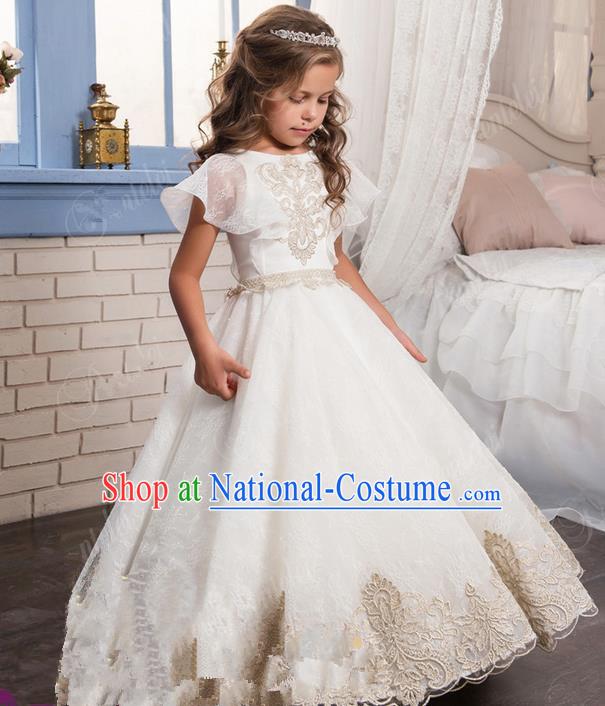 Top Grade Chinese Compere Professional Performance Catwalks Costume, Children Chorus White Lace Big Swing Wedding Formal Dress Modern Dance Baby Princess Long Bubble Dress for Girls Kids