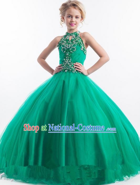 Top Grade Chinese Compere Professional Performance Catwalks Costume, Children Chorus Green Lace Big Swing Wedding Formal Dress Modern Dance Baby Princess Long Bubble Dress for Girls Kids